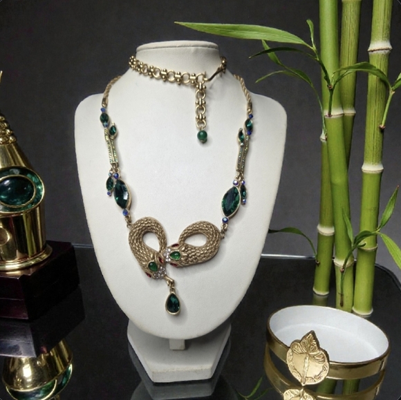 Designer Jewelry - Soo Fun Matte Goldtone Chunky Double Snake Crystal Jeweled Necklace